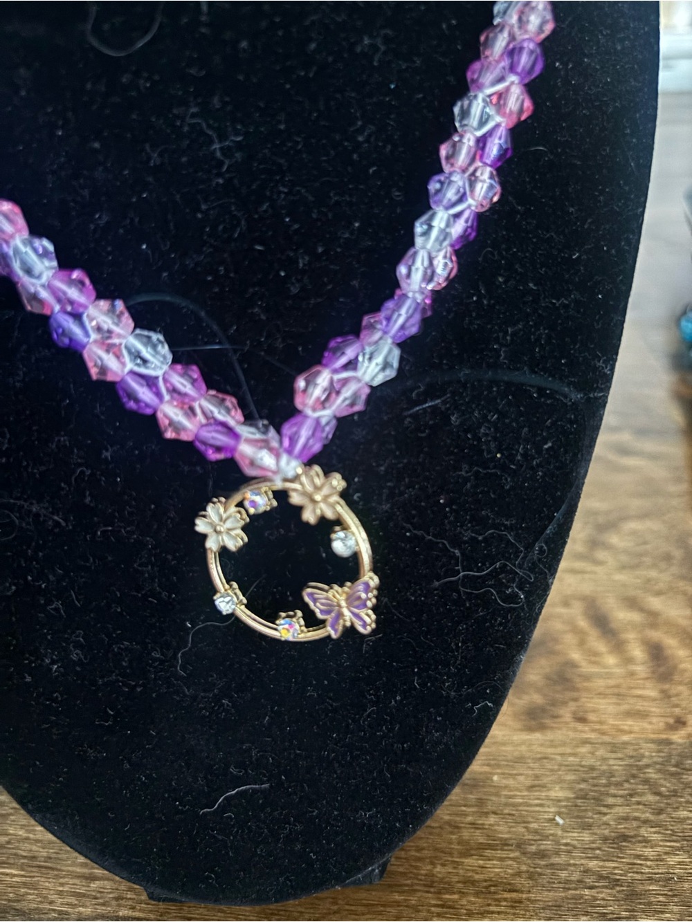 Purple Beaded Necklace with Gold Butterfly Floral Pendant